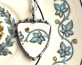 Broken china jewelry, shield pendant necklace, antique blue-green ivy grapevine china, Dishfunctional Designs, broken china necklace