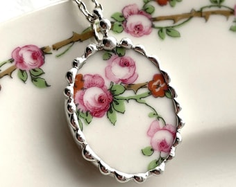Antique Pink Rose China Pendant, Shabby Chic Romantic Cottagecore Jewelry, Viney Roses, sustainable eco-friendly jewelry upcycled china