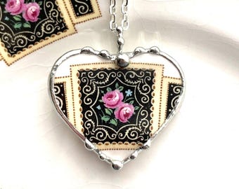 Broken china jewelry heart pendant necklace, antique pink rose china on black background, china anniversary gift, Dishfunctional Designs