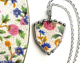 Broken china jewelry, shield pendant necklace, Royal Winton Old Cottage Chintz, asters, hydrangea, Dishfunctional Designs