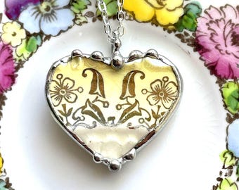 Broken China Jewelry, Antique Art Nouveau Floral china, heart pendant necklace,  Dishfunctional Designs broken china jewelry