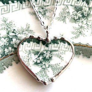 Broken China Jewelry, green English transferware, heart pendant necklace, Dishfunctional Designs broken china jewelry