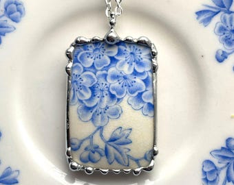 Broken China Jewelry, Antique 1879 Blue Hydrangea China Pendant Necklace, Recycled Upcycled Handmade ecofriendly sustainable jewelry