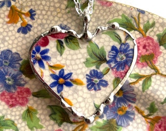 Broken china jewelry heart pendant necklace, Forget Me Not antique OLD COTTAGE CHINTZ floral china, Dishfunctional Designs