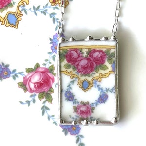 Regency style Broken China Jewelry necklace, pink roses forget me not antique German porcelain china, Dishfunctional Designs Laura Beth Love