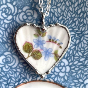 Broken china jewelry heart pendant, Forget Me Not, Shelley fine bone china porcelain, Dishfunctional Designs by Laura Beth Love