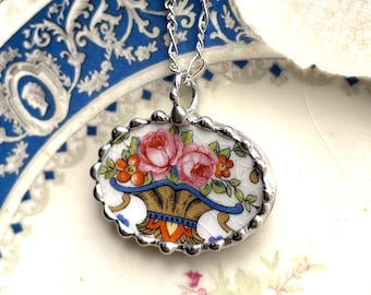 Broken China Jewelry pink rose flower basket oval pendant necklace, fancy edge, made from recycled upcycled china, Dishfunctional Designs