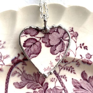 Antique Purple English Transferware China Heart Pendant, Broken China Jewelry, Pendant Necklace, Eco-friendly, Dishfunctional Designs