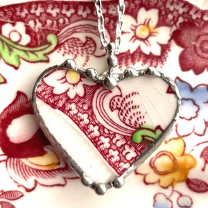 Antique Red English Transferware, Broken China Jewelry, heart pendant necklace, lovely antique china jewelry, Dishfunctional Designs
