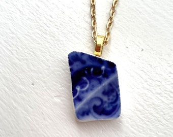 BROKEN CHINA JEWELRY - china shard pendant necklace with chain - antique china shard pendant - flow blue china - Dishfunctional Designs