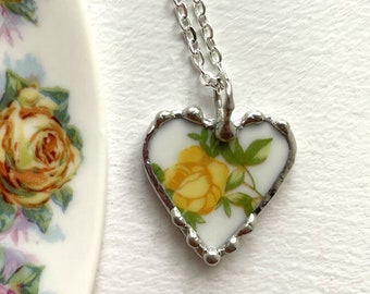 Yellow Rose, broken china jewelry, china petite heart pendant necklace, made from recycled china, Dishfunctional Designs, upcycled
