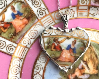 Baroque Courting Couple, Victorian china, Broken China Jewelry, heart pendant necklace, antique porcelain jewelry, Dishfunctional Designs