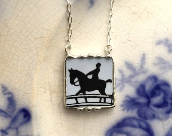 EQUESTRIAN ANTIQUE CHINA, horse rider broken china jewelry pendant necklace, made from antique upcycled broken china, Dishfunctional Designs