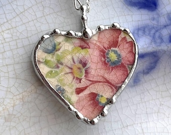 Broken china jewelry heart pendant, antique beautiful pink poppies, ecofriendly jewelry, china anniversary gift, Dishfunctional Designs