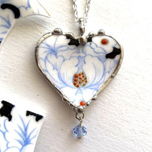Broken china jewelry, china heart pendant necklace, antique powder blue peony on white floral chintz porcelain