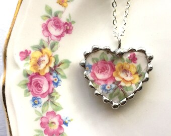 Broken China Jewelry, pink & yellow rose heart pendant necklace, lovely antique china jewelry, china heart, upcycled, Dishfunctional Designs