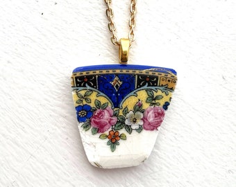 BROKEN CHINA JEWELRY - china shard pendant necklace with chain - antique rose china shard pendant  - Dishfunctional Designs