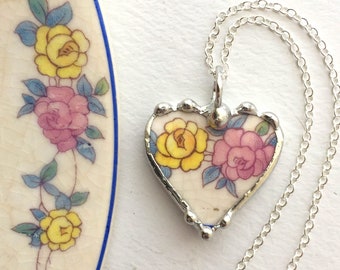 Yellow & Pink Roses, broken china jewelry, petite heart pendant necklace, made from recycled upcycled china, Dishfunctional Designs