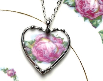 Pink Rose, broken china jewelry, porcelain, broken china heart pendant necklace made from recycled china, Dishfunctional Designs, upcycled