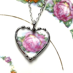 Pink Rose, broken china jewelry, porcelain, broken china heart pendant necklace made from recycled china, Dishfunctional Designs, upcycled