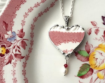 Antique Floral Red English transferware, broken china jewelry heart necklace, made from broken plate, ecofriendly, Dishfunctional Designs
