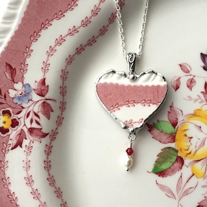 Antique Floral Red English transferware, broken china jewelry heart necklace, made from broken plate, ecofriendly, Dishfunctional Designs