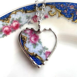 Antique Pink Rose & Cobalt Sweet China Heart Pendant, Broken China Jewelry, Pendant Necklace, Eco-friendly jewelry, Dishfunctional Designs