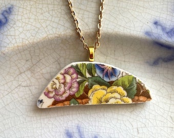 BROKEN CHINA JEWELRY - china shard pendant necklace with chain - antique floral chintz china - Dishfunctional Designs
