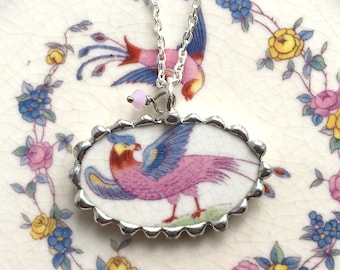 Broken china jewelry - oval pendant necklace - bird of paradise Dishfunctional Designs, broken china jewelry, wabi sabi, UPCYCLED CHINA