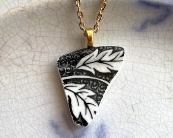 BROKEN CHINA JEWELRY - china shard pendant necklace antique china shard pendant black & white English transferware - Dishfunctional Designs