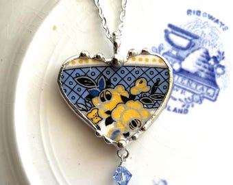Broken china jewelry heart pendant, antique beautiful blue and yellow china, blue Swarovski crystal, ecofriendly, Dishfunctional Designs