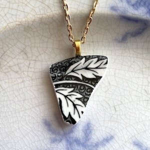 BROKEN CHINA JEWELRY - china shard pendant necklace antique china shard pendant black & white English transferware - Dishfunctional Designs