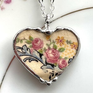 Antique Pink Rose Floral, Broken China Jewelry, heart pendant necklace, eco-friendly jewelry made from recycled china Dishfunctional Designs