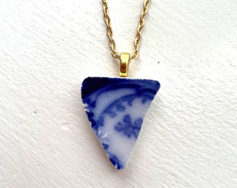 BROKEN CHINA JEWELRY - china shard pendant necklace with chain - antique china shard pendant - flow blue china - Dishfunctional Designs