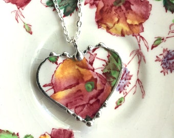 Broken china jewelry - broken china heart pendant necklace, antique fiery orange red poppies poppy, Dishfunctional Designs