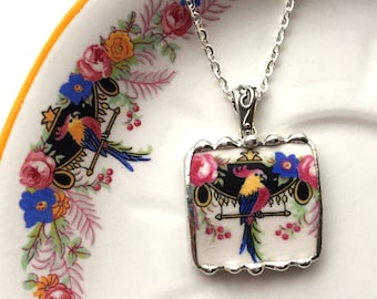 Broken china jewelry, pendant necklace, Art Deco parrot cockatoo, bird, antique china, Dishfunctional Designs, broken china necklace