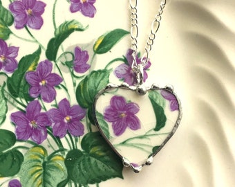 Antique purple violet flower, Broken China Jewelry, heart pendant necklace, lovely antique china jewelry, Dishfunctional Designs