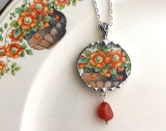 Beautiful broken china jewelry pendant necklace, orange floral flower carnelian bead, Dishfunctional Designs, broken china jewelry