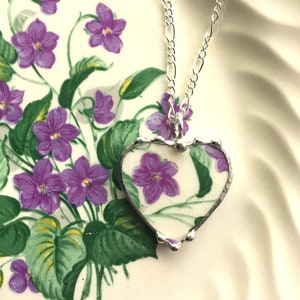 Antique purple violet flower, Broken China Jewelry, heart pendant necklace, lovely antique china jewelry, Dishfunctional Designs