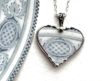 Early American Flow Blue, broken china jewelry, china heart pendant necklace, made from recycled china, Dishfunctional Designs, upcycled