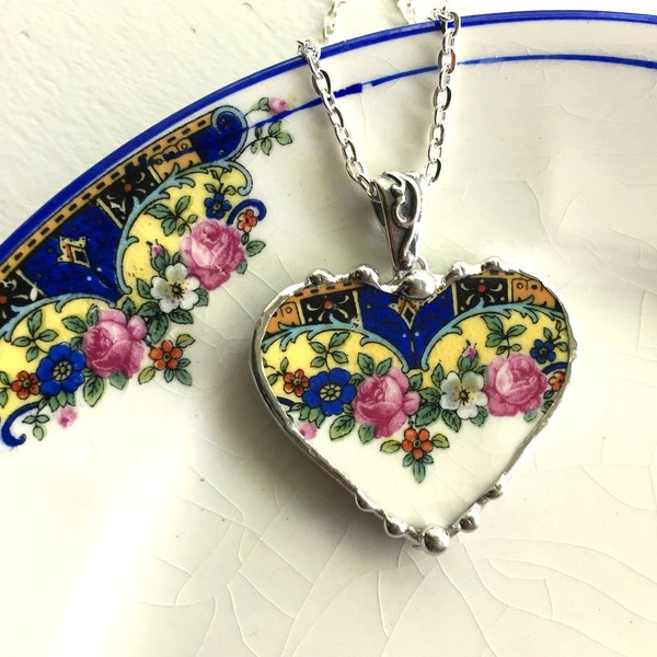 Antique  Pink Roses on Cobalt Blue China Heart Pendant. Broken China Jewelry. Pendant Necklace. Ecofriendly jewelry, Dishfunctional Designs