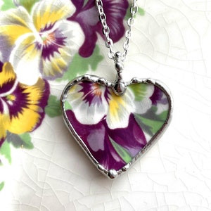 Antique Pansy Chintz China Heart Pendant, Broken China Jewelry, Pendant Necklace, Eco-friendly jewelry, Dishfunctional Designs