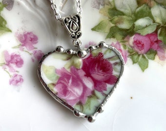 Broken china jewelry heart pendant, antique beautiful pink roses china, recycled china, ecofriendly, Dishfunctional Designs