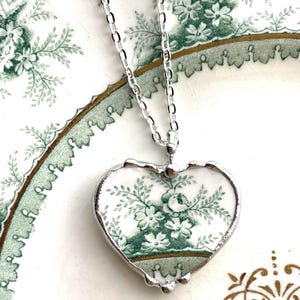 Broken China Jewelry, green English transferware, heart pendant necklace, Dishfunctional Designs broken china jewelry