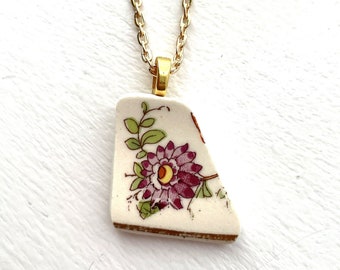 BROKEN CHINA JEWELRY - china shard pendant necklace with chain - antique china shard pendant purple floral china - Dishfunctional Designs