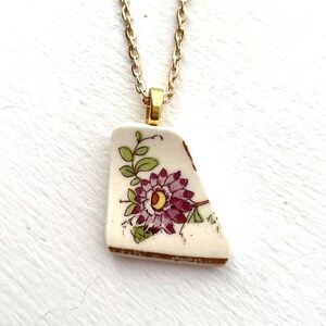 BROKEN CHINA JEWELRY - china shard pendant necklace with chain - antique china shard pendant purple floral china - Dishfunctional Designs