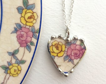 Yellow & Pink Roses, broken china jewelry, petite heart pendant necklace, made from recycled upcycled china, Dishfunctional Designs