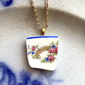 BROKEN CHINA JEWELRY - china shard pendant necklace with chain - antique china shard pendant rose china - Dishfunctional Designs