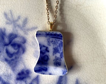 BROKEN CHINA JEWELRY - china shard pendant necklace with chain - antique china shard pendant - flow blue china - Dishfunctional Designs