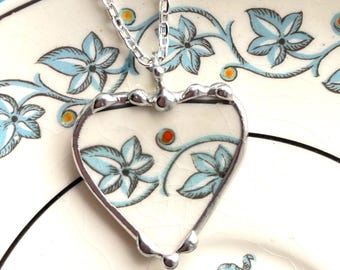 Broken China Jewelry BLUE IVY GRAPEVINE heart pendant necklace,  made from recycled upcycled china, Dishfunctional Designs Upcycled China